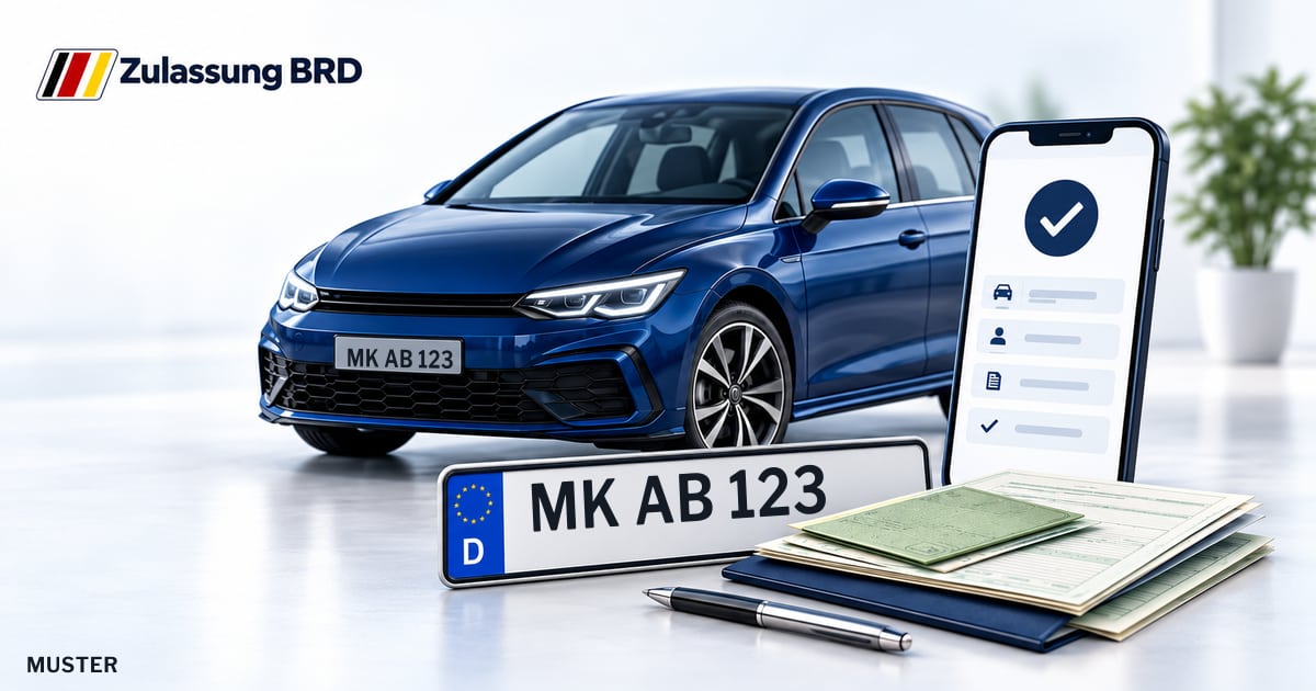 Online Fahrzeugzulassung in Lüdenscheid: Musterkennzeichen MK AB 123, Auto und Fahrzeugpapiere und Smartphone. Illustration mit Logo von Zulassung BRD.